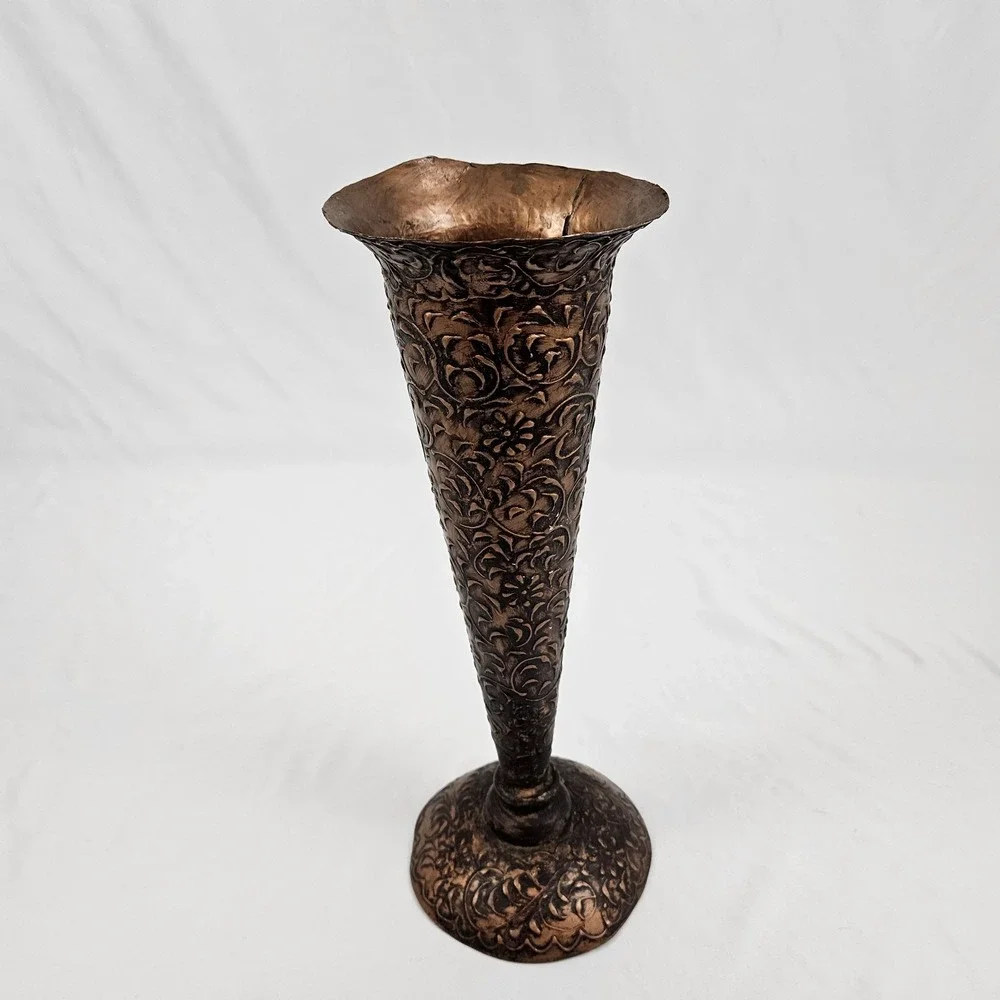 Embossed Copper Trumpet Pedestal Vase Arts & Crafts Boho Whimsical